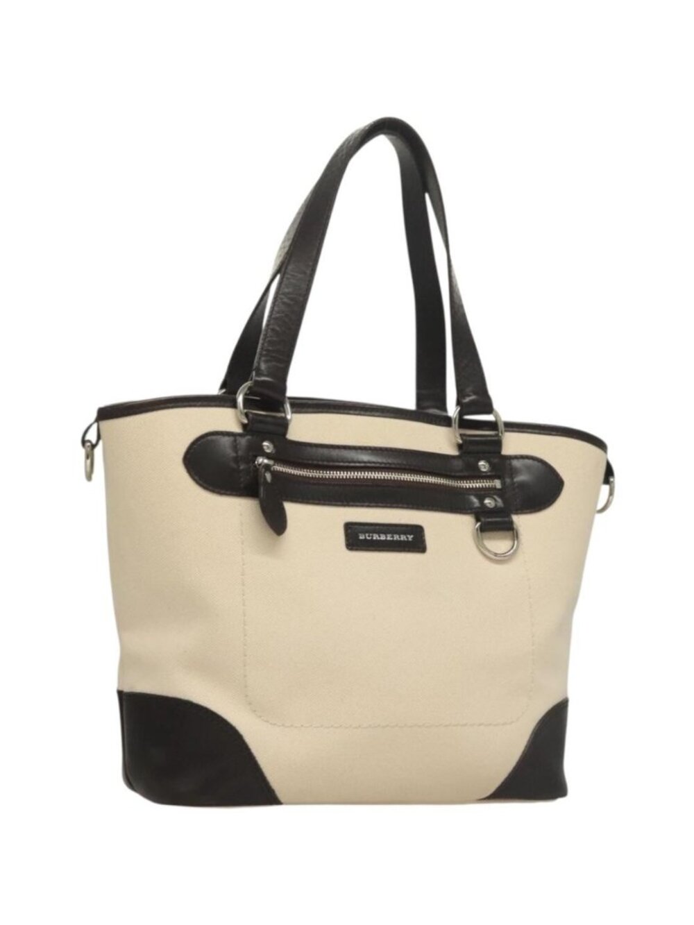 BURBERRY Tote Bag Canvas Leather White Silver